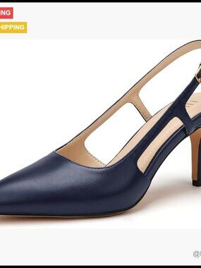 Navy Pu Slingback Kitten Heels Closed Pointed Toe Stiletto Ankle Strap